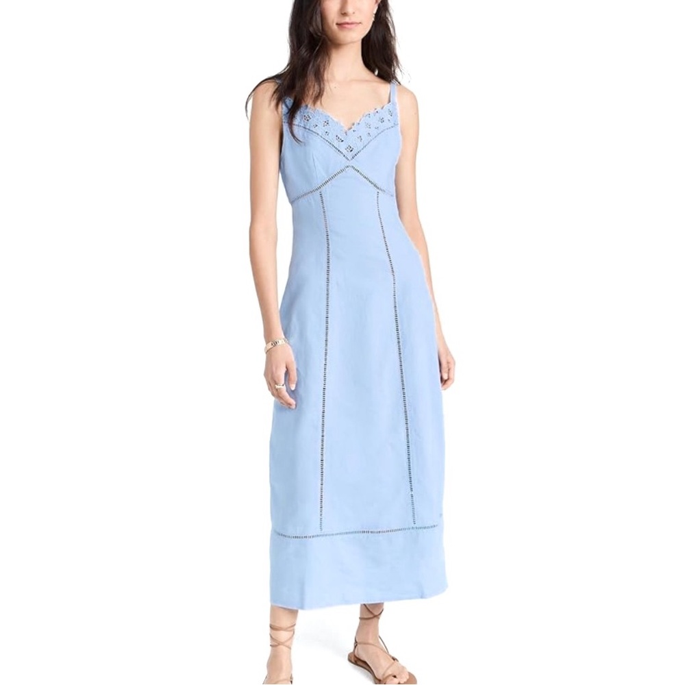 Madewell Sweetheart Midi Linen-Cotton Blend Powder Blue Floral Embroidered Dress